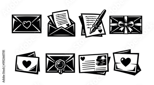 Black and white vector illustrations of envelopes and letters with heart motifs
