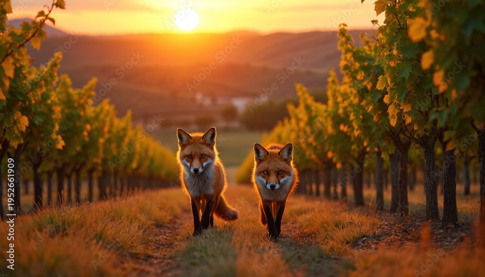 Fototapeta premium Two red foxes walk through vineyard rows during golden hour sunset. Wild animals explore farmland with grape vines bathed in warm, soft light.