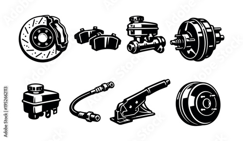 Black and white vector illustration of automotive brake system parts clipart set