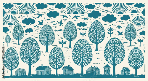 Easter day scene with blue trees houses birds and clouds on white background celebrating springtime and new beginnings in a whimsical setting