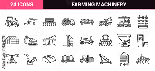 Agricultural Machinery Technical Monoline Symbols for Farm Logistics and Heavy Equipment Engineering Design with Minimalist Black Outline Aesthetic