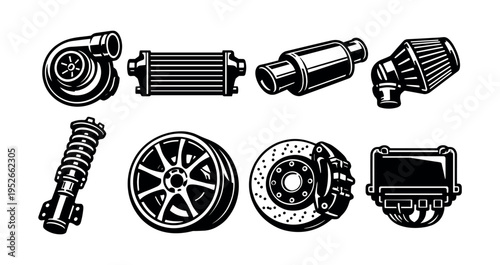Black and white vector set of car parts illustrations including turbo air filter and exhaust