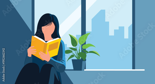 Young woman sits by a large window and reads a yellow book while a houseplant and a city skyline create a peaceful and cozy atmosphere.