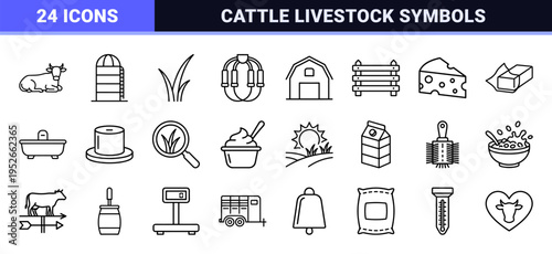 Dairy Cattle Farming and Livestock Husbandry Monoline Outline Symbols Featuring Cow Breeds, Milk Production Equipment, and Organic Agriculture Elements.