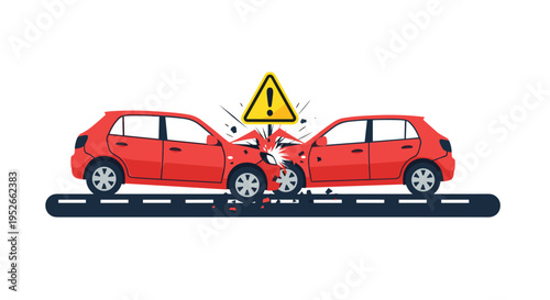 Two red cars are involved in a head on collision on a road with a yellow exclamation warning sign above the impact site for safety.