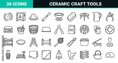 Handmade Pottery and Ceramic Studio Equipment Linear Icons for Artisanal Crafting and Pottery Workshop Management Branding
