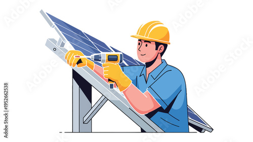 Solar Panel Technician at Work: An electrician in a hardhat and protective gloves is seen working on a solar panel installation, using a power tool to secure the panels.