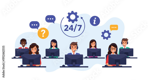 Large team of customer service representatives wearing headsets works at computers to provide 24/7 technical support and assistance.