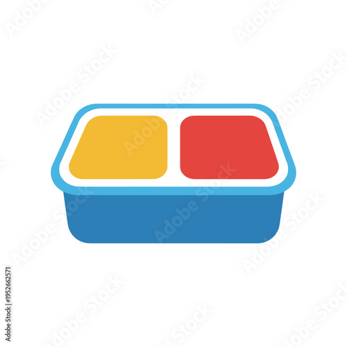 blue lunch box with yellow and red compartments