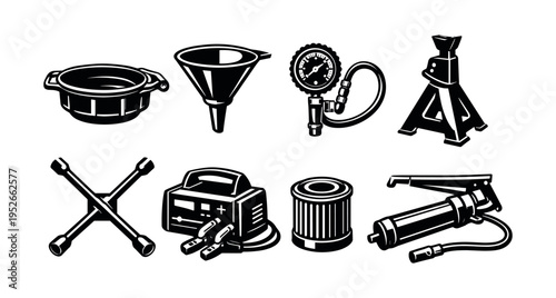 Set of vector automotive tools including funnel jack filter grease gun clipart