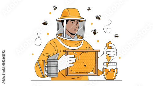 Golden Harvest: A beekeeper, protected in a suit, meticulously tends to a honeycomb, with honey cascading into a jar, a testament to nature's bounty and the art of apiculture.