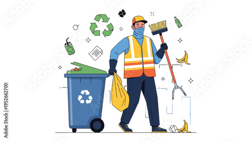 Urban Cleaning and Recycling: A dedicated sanitation worker, clad in protective gear, diligently sweeps the street with a broom and collects trash. Illustrating the importance of recycling.