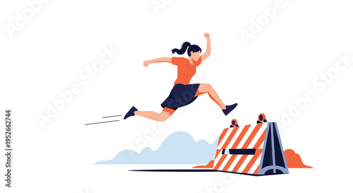 Determined woman jumps over a striped hurdle on a blue track representing overcoming life obstacles and achieving personal goals.