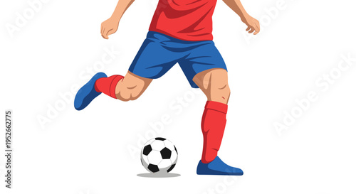 Close up view of a soccer player's legs and feet as they prepare to kick a black and white football on a clean white background.