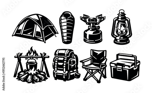 Camping equipment vector set, tent, sleeping bag, stove, lantern, backpack illustration