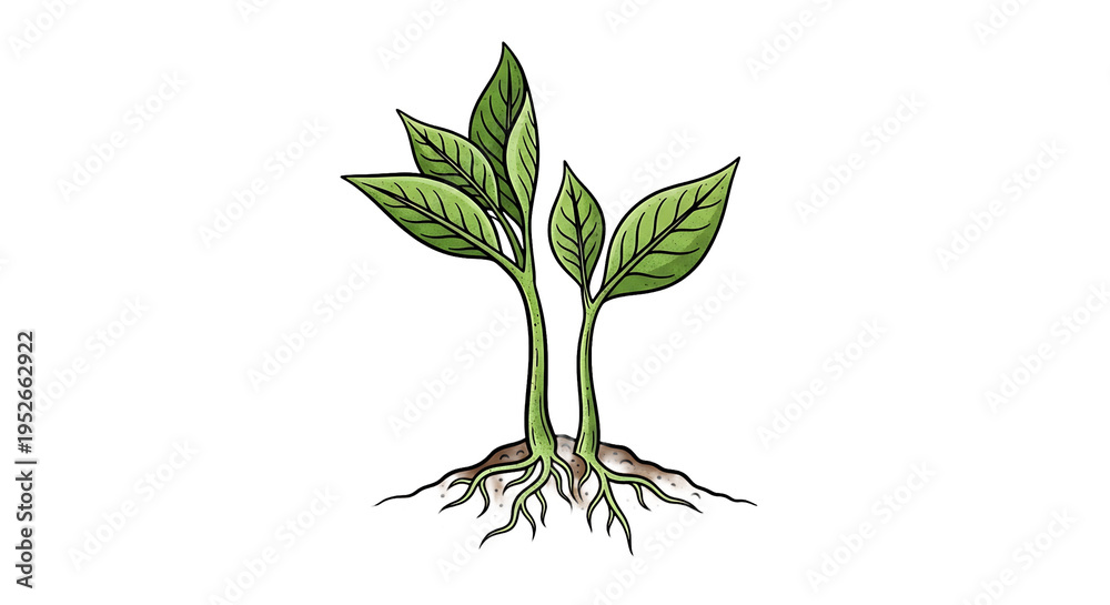 Fototapeta premium A minimalist illustration of two green plants growing in soil on transparent background in a modern artistic style