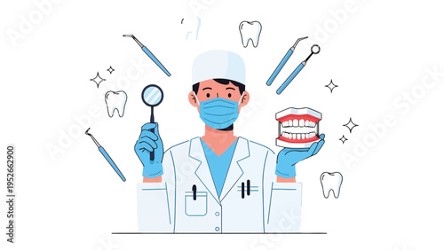 Dental Professional's Precision: A skilled dentist, with mask and tools, examines a detailed model of teeth, emphasizing the importance of dental care and health.