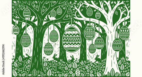 Easter eggs hanging from trees in a forest green and white illustration holiday decoration springtime festive nature outdoors seasonal easter day