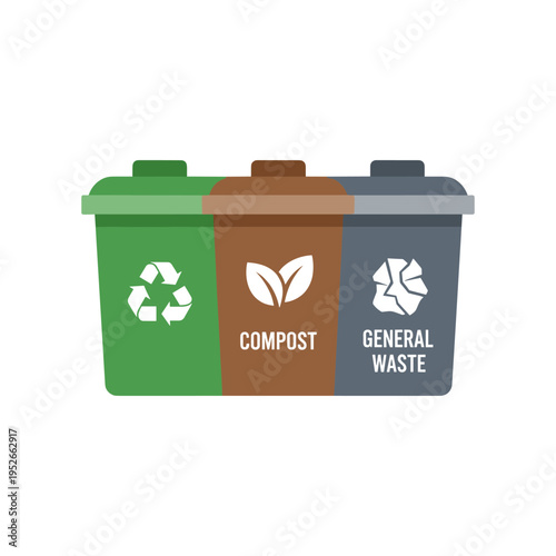 colorful waste management bins for recycling, compost, and general waste