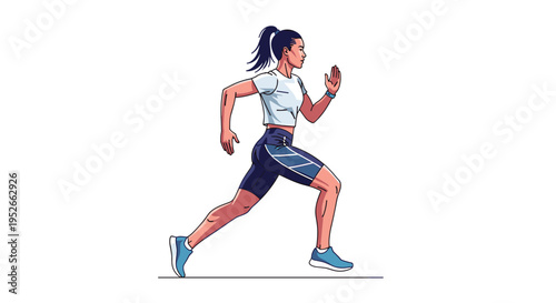 Determined woman with a ponytail jogging at a steady pace during her morning fitness routine or marathon training.
