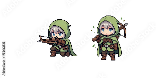pixel art character of a mysterious rogue wearing a green hood and cloak, kneeling and aiming a heavy wooden crossbow.