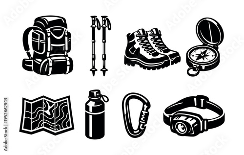Outdoor adventure gear set in black and white vector style