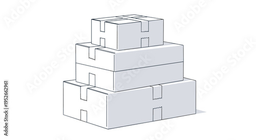 Set of three plain white cardboard shipping boxes stacked neatly on top of each other ready for delivery or moving.