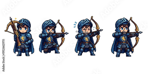 pixel art illustration of a brave knight in blue armor with lion crest, holding a bow and aiming with determination.
