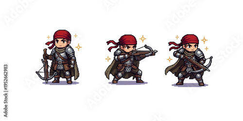 pixel art sprite sheet of a fierce mercenary with a red bandana and silver armor, wielding a powerful steel crossbow.