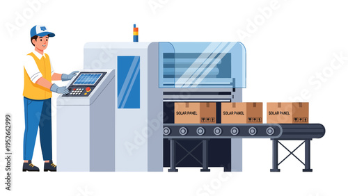 Solar Panel Production Line: An illustration of a diligent worker managing a cutting-edge production line dedicated to manufacturing solar panels, showcasing precision and technological advancement.