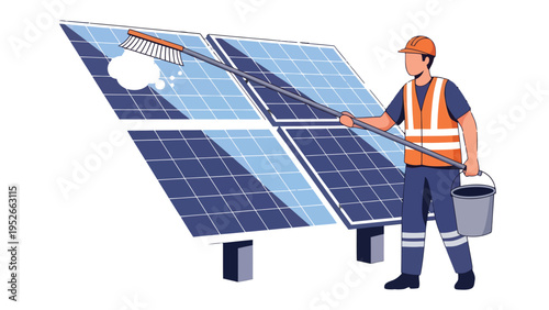 Solar Panel Technician in Action: A technician diligently cleans solar panels, highlighting the crucial maintenance needed for sustainable energy generation.