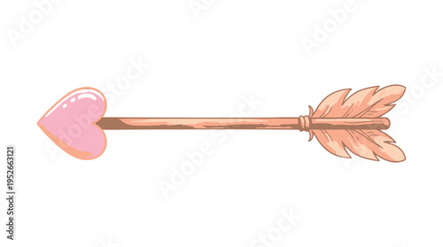 A pink heart shaped arrow with a copper colored shaft and fletching on a white background