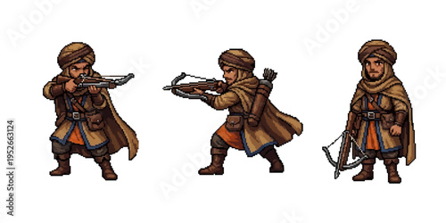 pixel art illustration of a desert nomad warrior in traditional tan robes and turban, aiming a crossbow during battle.