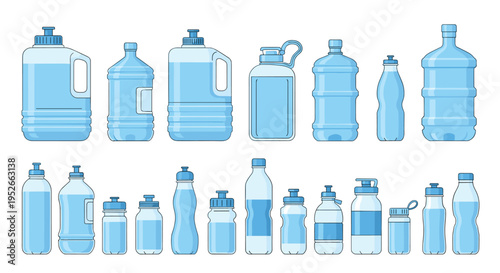 Large set of blue plastic water bottles in different sizes and shapes including reusable sport bottles and large jugs.
