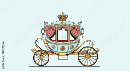 Magnificent royal carriage decorated with gold accents and red curtains for a formal parade or fairy tale event.