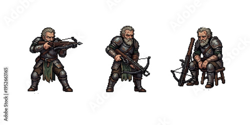 pixel art depiction of an aging veteran knight in heavy armor, reflecting in exhaustion and aiming his crossbow solemnly.