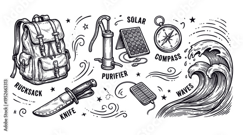 Vintage Survival and Camping Equipment Hand Drawn Vector Illustration Set with Backpack, Knife, Compass, Solar Panel, and Water Purifier in Engraving Style