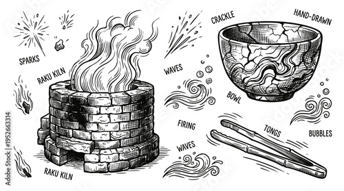 Hand-Drawn Vector Illustration Set of Raku Pottery Elements, Including Kiln, Crackle Glaze Bowl, Firing Tools, and Fire Sparks in Vintage Engraving Style