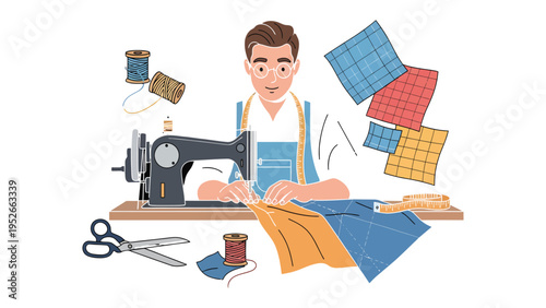 Crafting Creations: A skilled tailor meticulously works at a sewing machine, creating clothing. A testament to the artistry of tailoring, the image displays dedication and skill.
