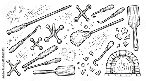 Hand drawn glassblowing tools collection, professional glassmaker equipment set with furnace, blowpipes, jacks, paddles and molten glass elements, vector illustration.