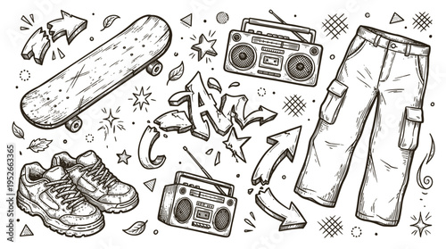 Street Culture Hand Drawn Doodle Illustration with Skateboard Boombox Sneakers and Cargo Pants on Black Background
