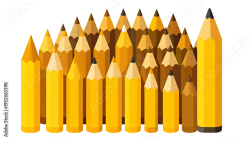Set of yellow pencil icons showing different lengths from full size to a sharpened stub used for writing drawing and artistic creation concepts