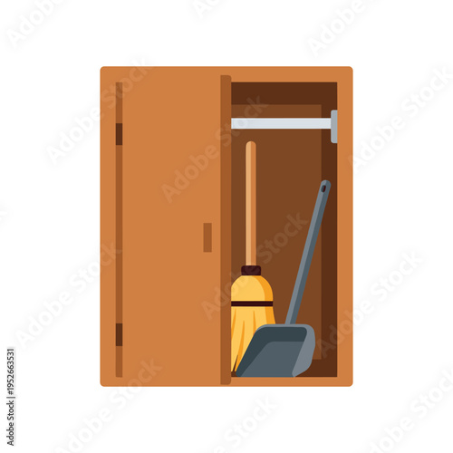 open cabinet with broom and dustpan inside