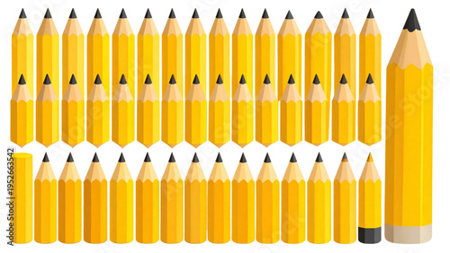 Set of yellow pencil icons showing different lengths from full size to a sharpened stub used for writing drawing and artistic creation concepts