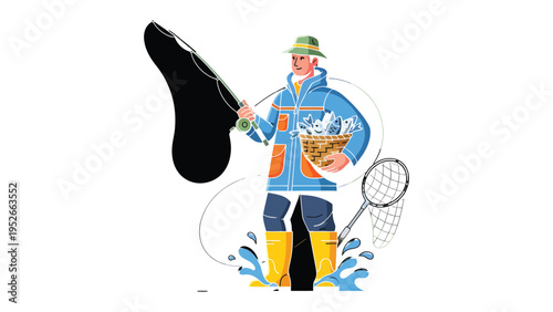 Fisherman's Bounty: An illustration depicting a fisherman, holding a net and a basket filled with fish, captures the essence of a successful catch and the tranquility of the sea.