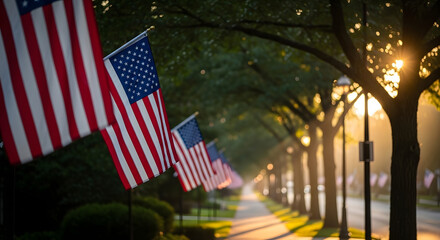 Memorial day tribute american flags lining the street on a patriotic evening
