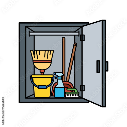 Cleaning supplies in a storage cabinet