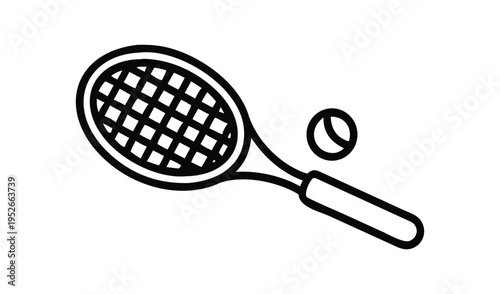 Simple line drawing of a tennis racket and ball