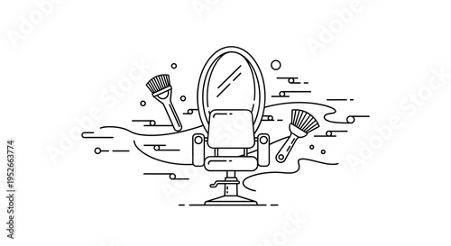 Barbershop Chair Mirror And Brushes Line Art