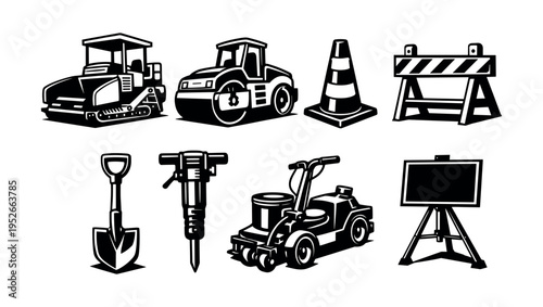 Black and white vector illustration of construction equipment and tools set
